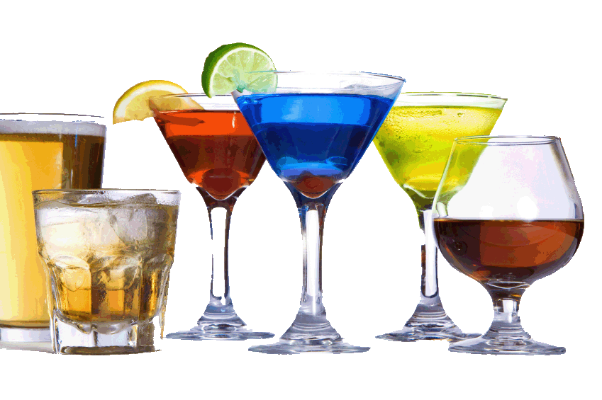 glasses with colourful cocktails and spirits in